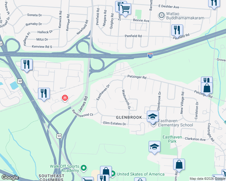 map of restaurants, bars, coffee shops, grocery stores, and more near 2082 Easthaven Drive in Columbus