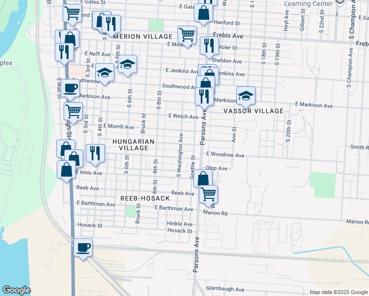 map of restaurants, bars, coffee shops, grocery stores, and more near 1694 South Washington Avenue in Columbus