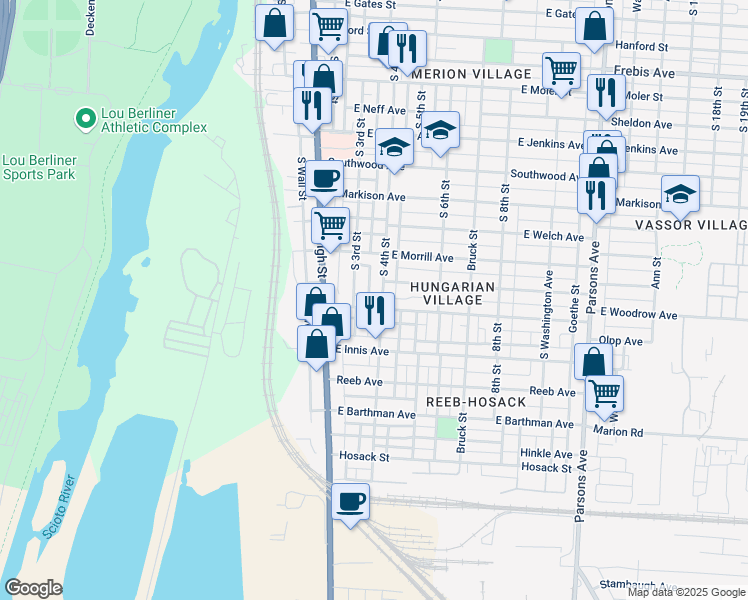 map of restaurants, bars, coffee shops, grocery stores, and more near 1649 South 4th Street in Columbus