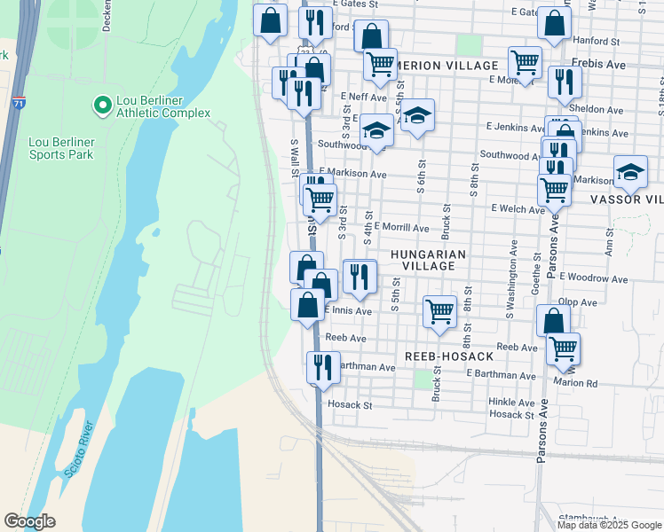 map of restaurants, bars, coffee shops, grocery stores, and more near 1649-1651 South 3rd Street in Columbus