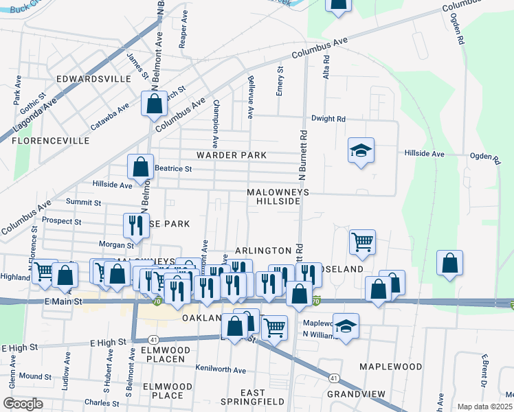 map of restaurants, bars, coffee shops, grocery stores, and more near 2413 Hillside Avenue in Springfield