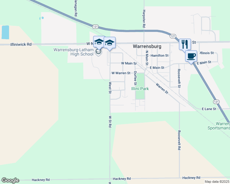 map of restaurants, bars, coffee shops, grocery stores, and more near 390 Northland Drive in Warrensburg