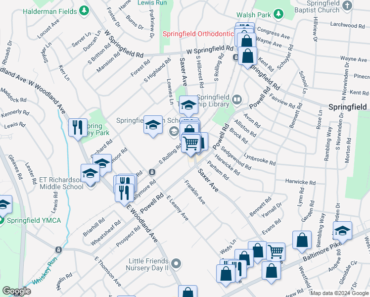 map of restaurants, bars, coffee shops, grocery stores, and more near 212 Ballymore Road in Springfield