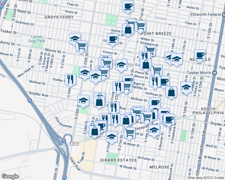 map of restaurants, bars, coffee shops, grocery stores, and more near 1930 South Croskey Street in Philadelphia