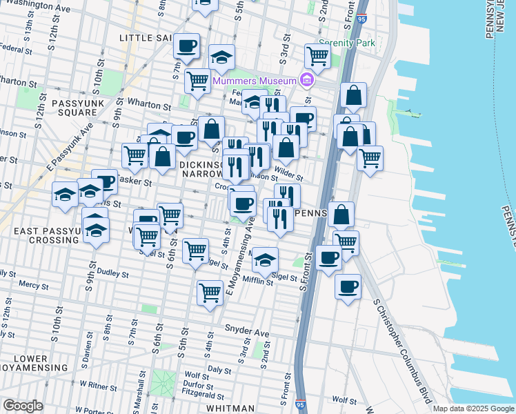 map of restaurants, bars, coffee shops, grocery stores, and more near 1605 East Moyamensing Avenue in Philadelphia