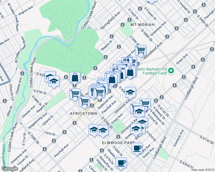 map of restaurants, bars, coffee shops, grocery stores, and more near 2127 South 63rd Street in Philadelphia