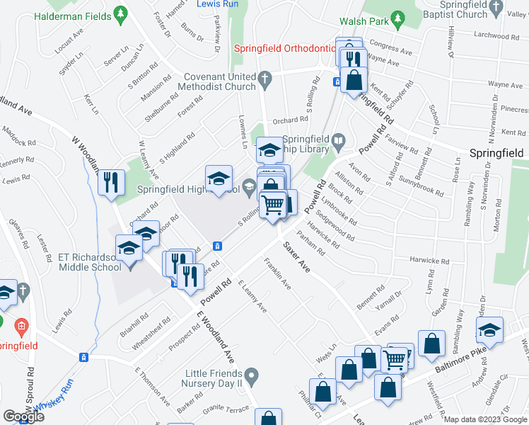map of restaurants, bars, coffee shops, grocery stores, and more near 212 Ballymore Road in Springfield