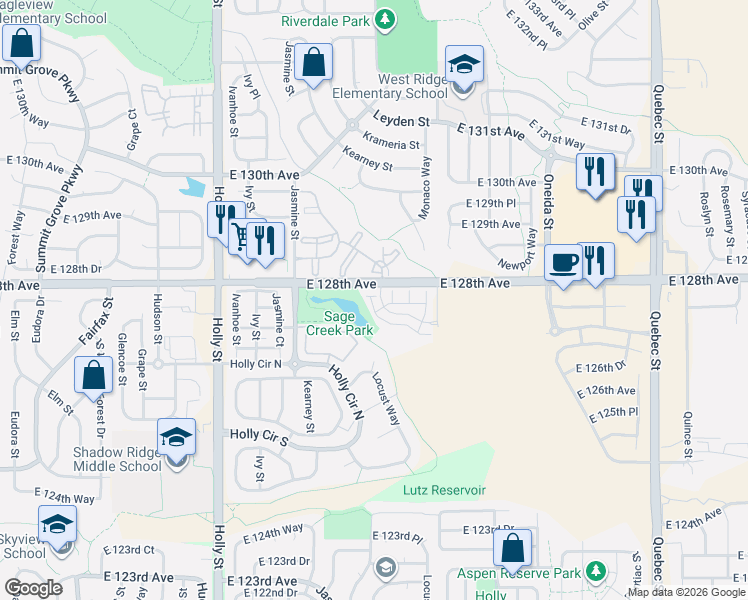 map of restaurants, bars, coffee shops, grocery stores, and more near 12783 Leyden Street in Thornton