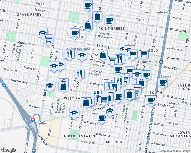 map of restaurants, bars, coffee shops, grocery stores, and more near 1908 South Woodstock Street in Philadelphia