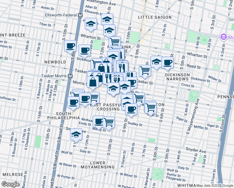 map of restaurants, bars, coffee shops, grocery stores, and more near 1714 South 10th Street in Philadelphia