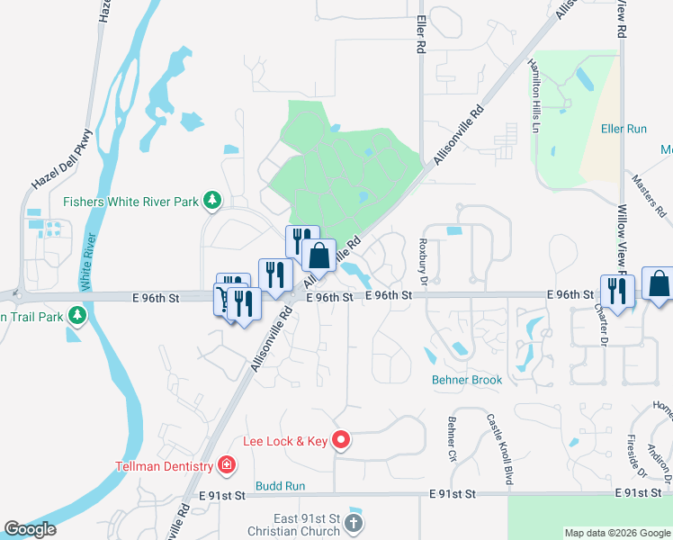 map of restaurants, bars, coffee shops, grocery stores, and more near 9672 Cedar Cove Lane in Indianapolis