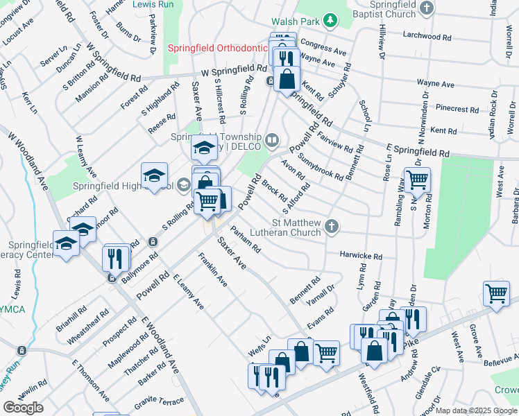 map of restaurants, bars, coffee shops, grocery stores, and more near 219 Sedgewood Road in Springfield
