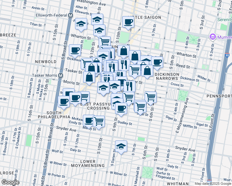 map of restaurants, bars, coffee shops, grocery stores, and more near 915 Watkins Street in Philadelphia