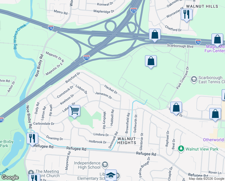 map of restaurants, bars, coffee shops, grocery stores, and more near Hacket Drive in Columbus