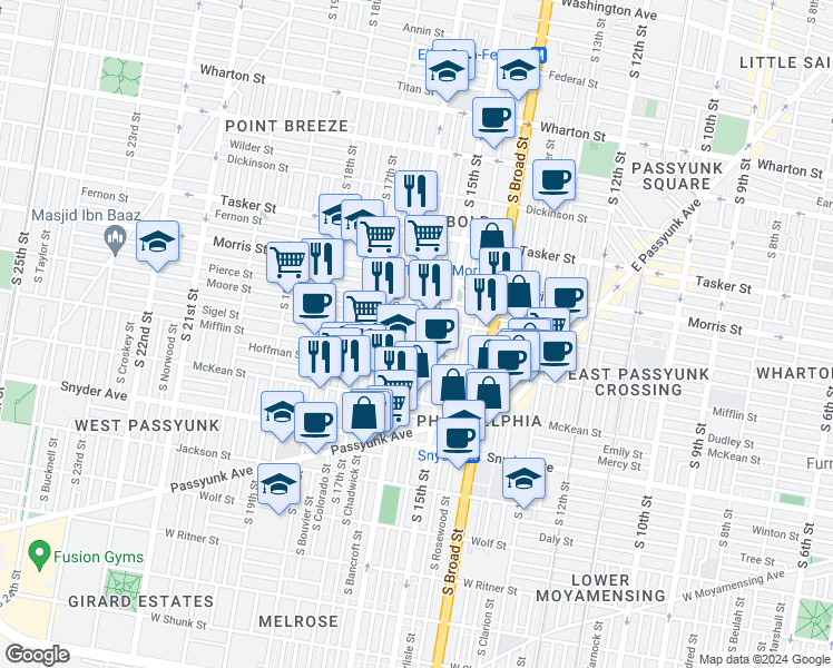 map of restaurants, bars, coffee shops, grocery stores, and more near 1818 South Mole Street in Philadelphia