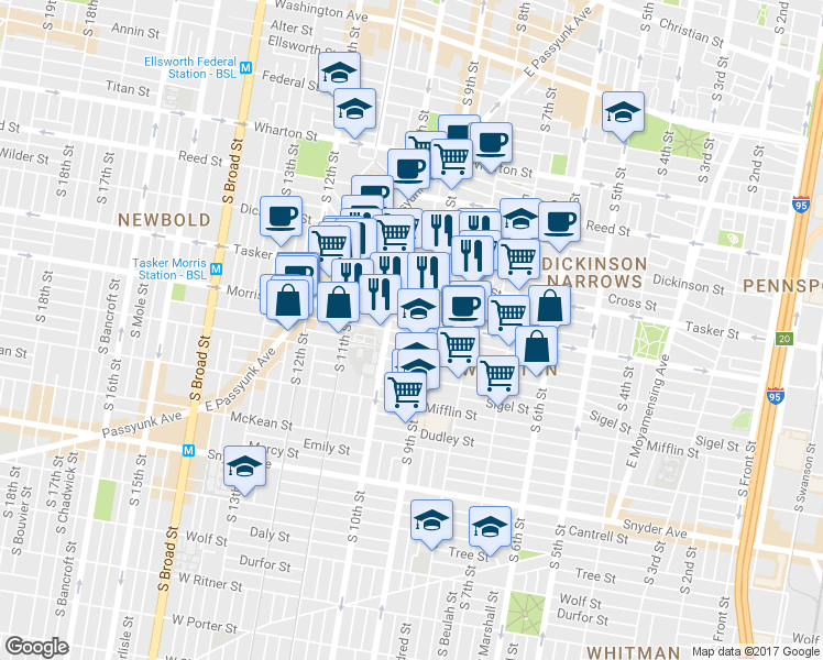 map of restaurants, bars, coffee shops, grocery stores, and more near 919 Watkins Street in Philadelphia