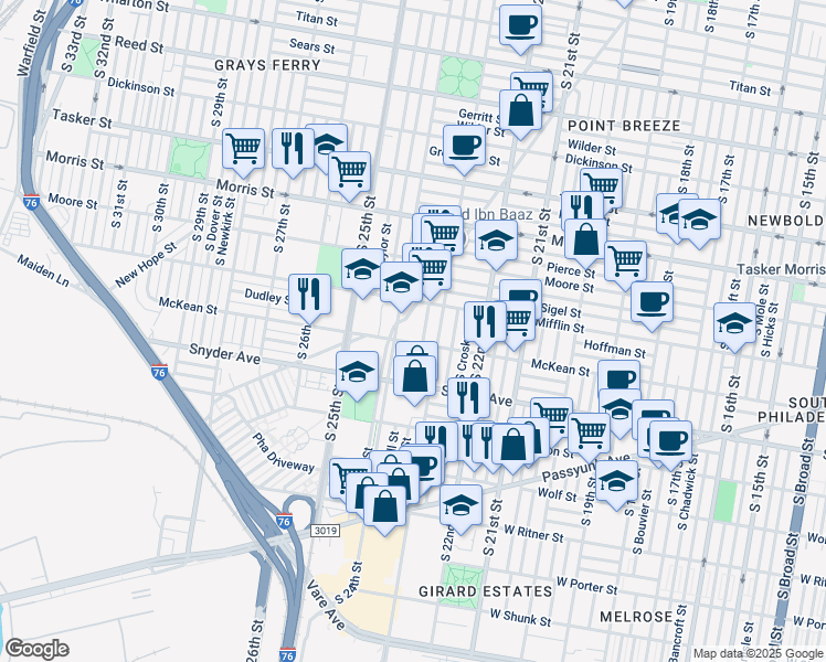 map of restaurants, bars, coffee shops, grocery stores, and more near 1910 South Bonsall Street in Philadelphia