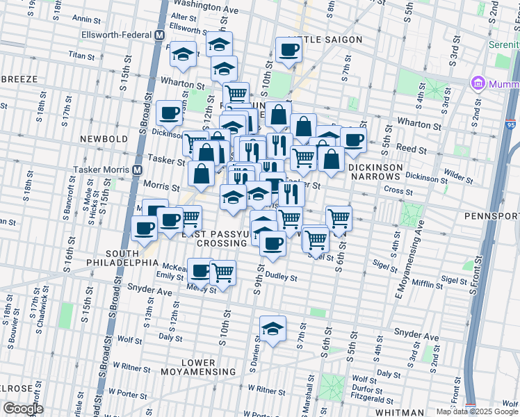 map of restaurants, bars, coffee shops, grocery stores, and more near 919 Watkins Street in Philadelphia