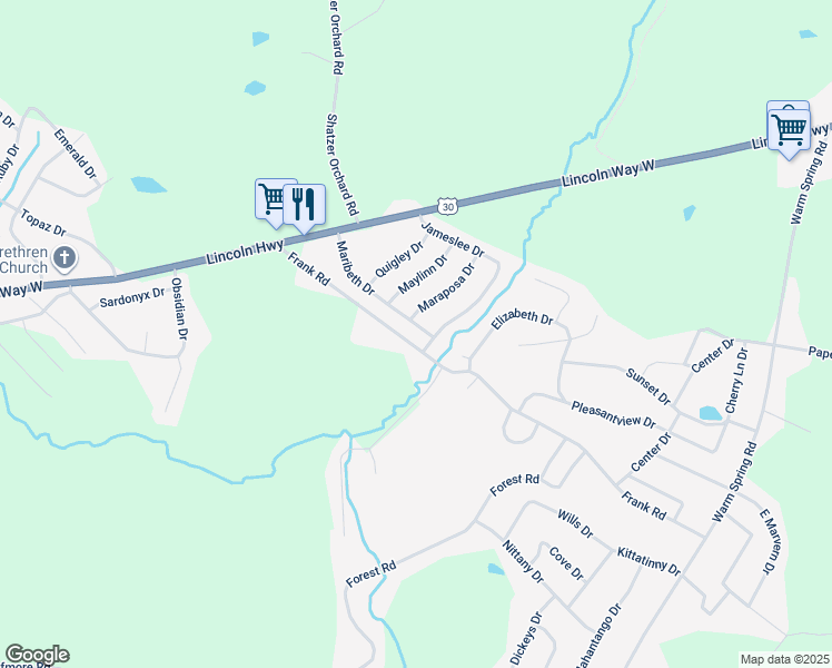 map of restaurants, bars, coffee shops, grocery stores, and more near 81 Maribeth Drive in Chambersburg
