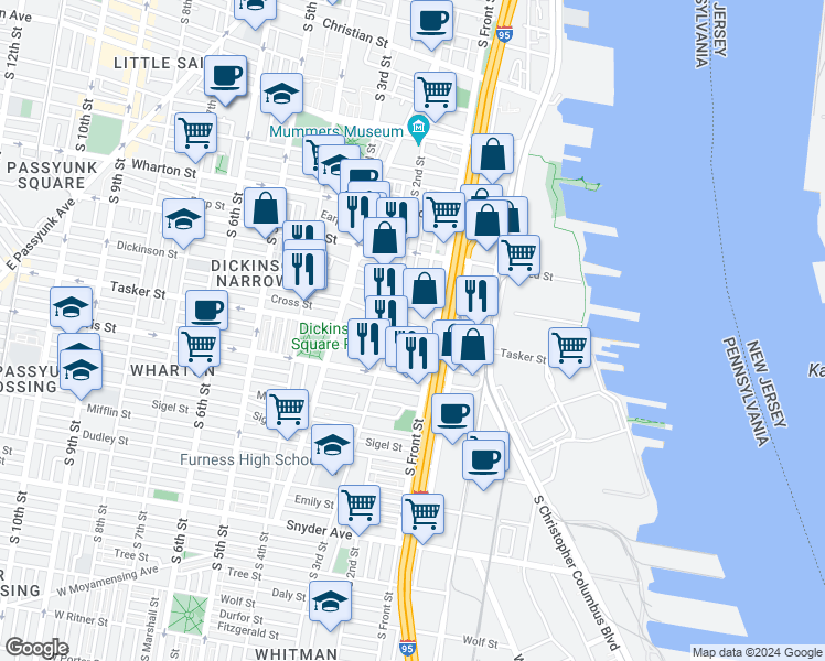 map of restaurants, bars, coffee shops, grocery stores, and more near 120 Greenwich Street in Philadelphia