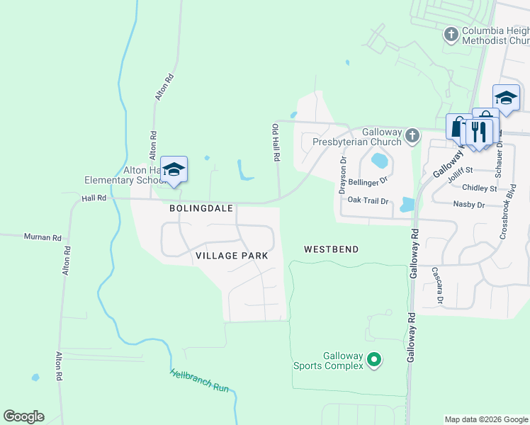 map of restaurants, bars, coffee shops, grocery stores, and more near 6573 Hall Road in Galloway