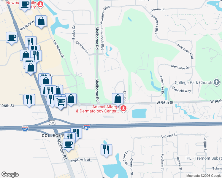 map of restaurants, bars, coffee shops, grocery stores, and more near 9721 Sycamore Road in Carmel