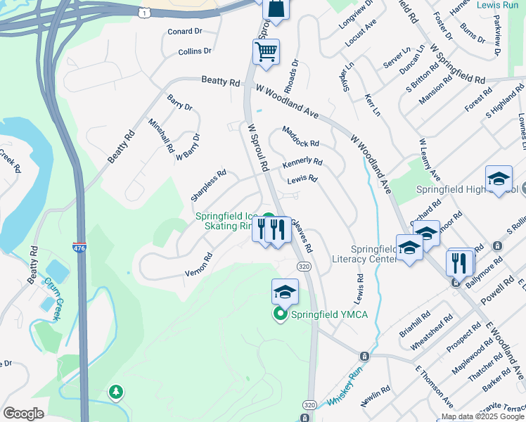 map of restaurants, bars, coffee shops, grocery stores, and more near 504 Vernon Road in Springfield