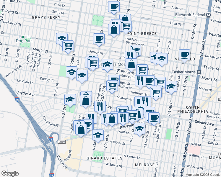 map of restaurants, bars, coffee shops, grocery stores, and more near 2129 Mifflin Street in Philadelphia