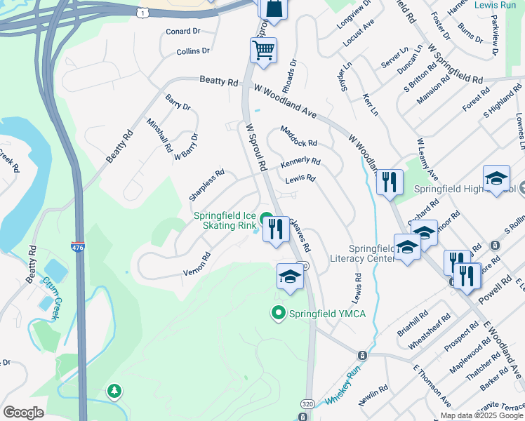 map of restaurants, bars, coffee shops, grocery stores, and more near 504 Vernon Road in Springfield