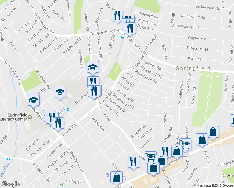 map of restaurants, bars, coffee shops, grocery stores, and more near 217 Sedgewood Road in Springfield