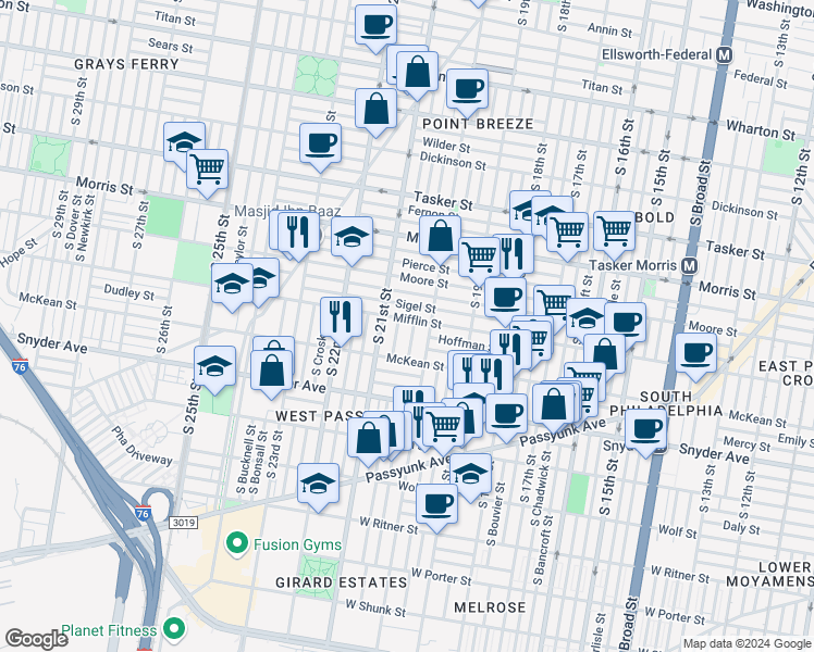 map of restaurants, bars, coffee shops, grocery stores, and more near 2018 Mifflin Street in Philadelphia