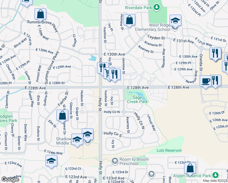 map of restaurants, bars, coffee shops, grocery stores, and more near 5781 East 128th Avenue in Thornton