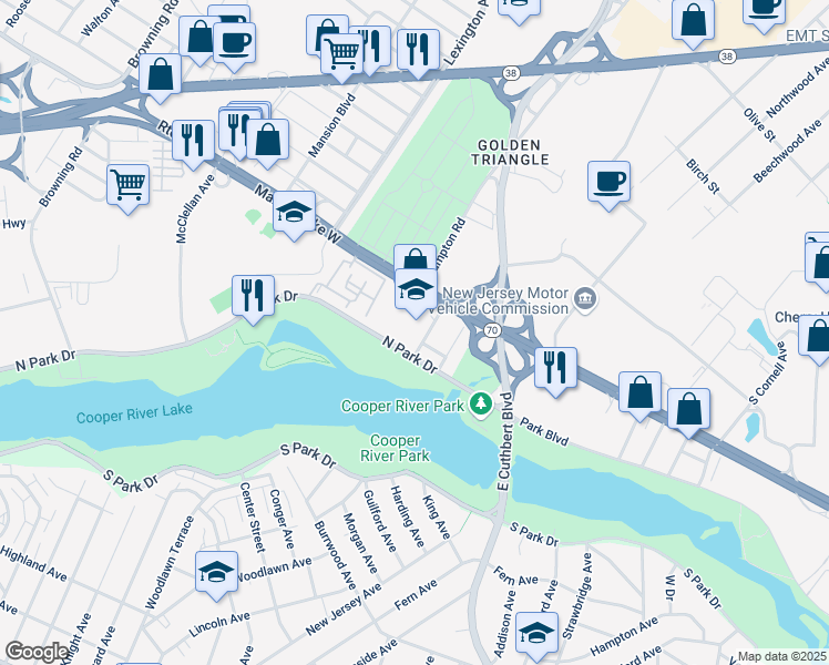 map of restaurants, bars, coffee shops, grocery stores, and more near 2375 New Jersey 70 in Cherry Hill