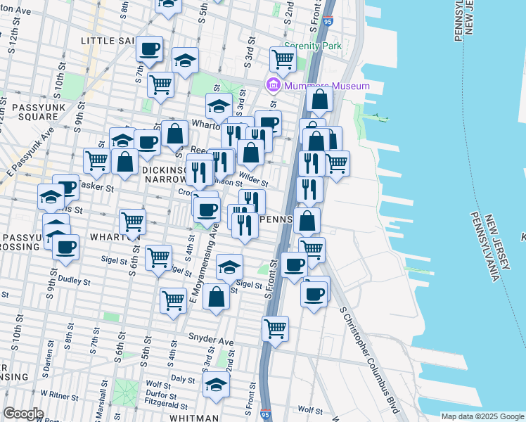 map of restaurants, bars, coffee shops, grocery stores, and more near 132 Greenwich Street in Philadelphia