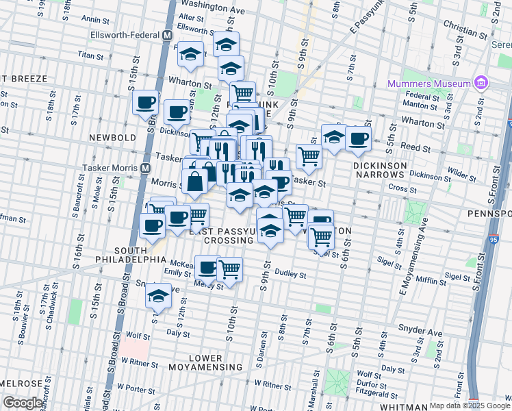 map of restaurants, bars, coffee shops, grocery stores, and more near 1640 South 10th Street in Philadelphia