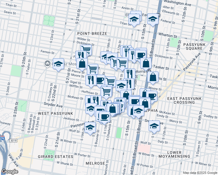 map of restaurants, bars, coffee shops, grocery stores, and more near 1804 South 17th Street in Philadelphia