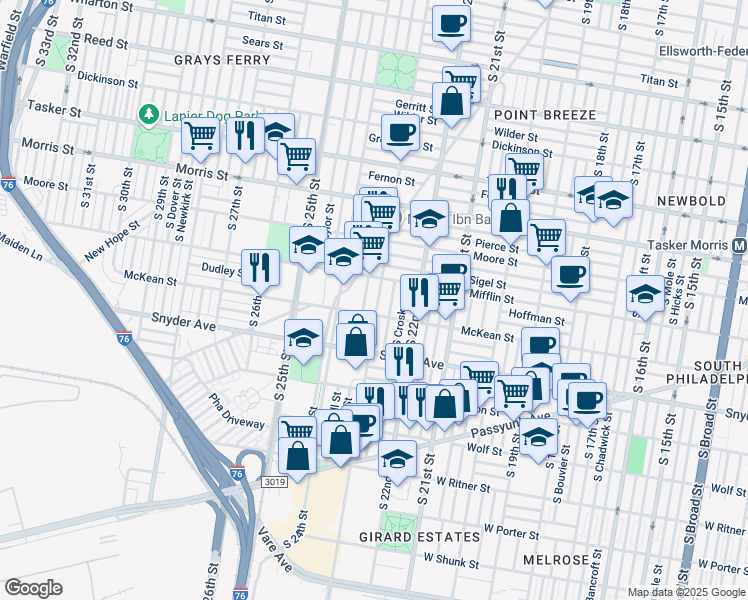 map of restaurants, bars, coffee shops, grocery stores, and more near 1910 South Bonsall Street in Philadelphia