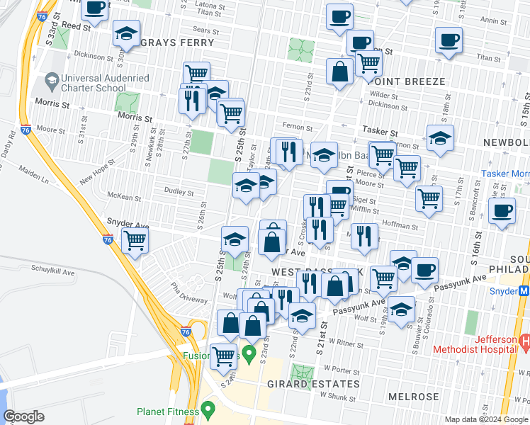 map of restaurants, bars, coffee shops, grocery stores, and more near 1916 South 24th Street in Philadelphia