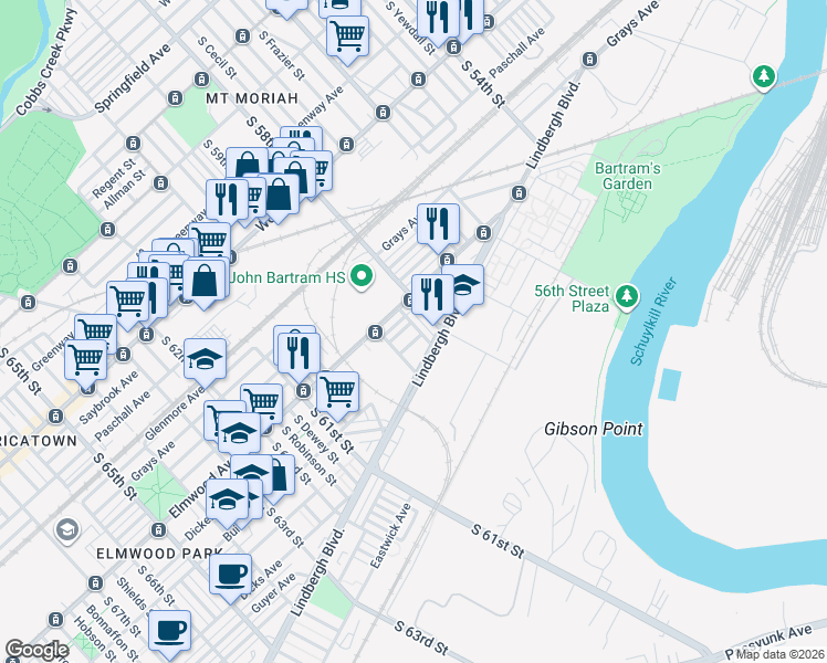 map of restaurants, bars, coffee shops, grocery stores, and more near 2515 South Wanamaker Street in Philadelphia