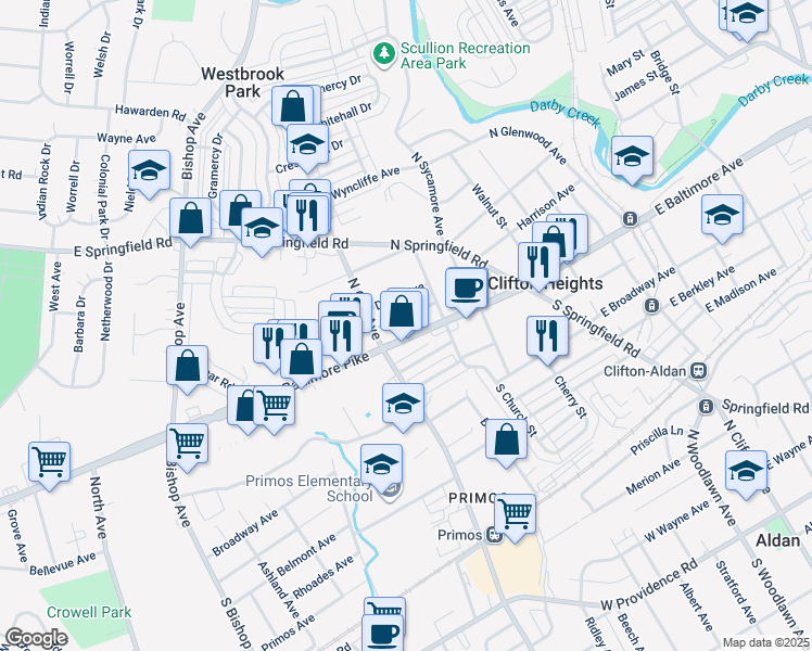 map of restaurants, bars, coffee shops, grocery stores, and more near 234 High Street in Clifton Heights