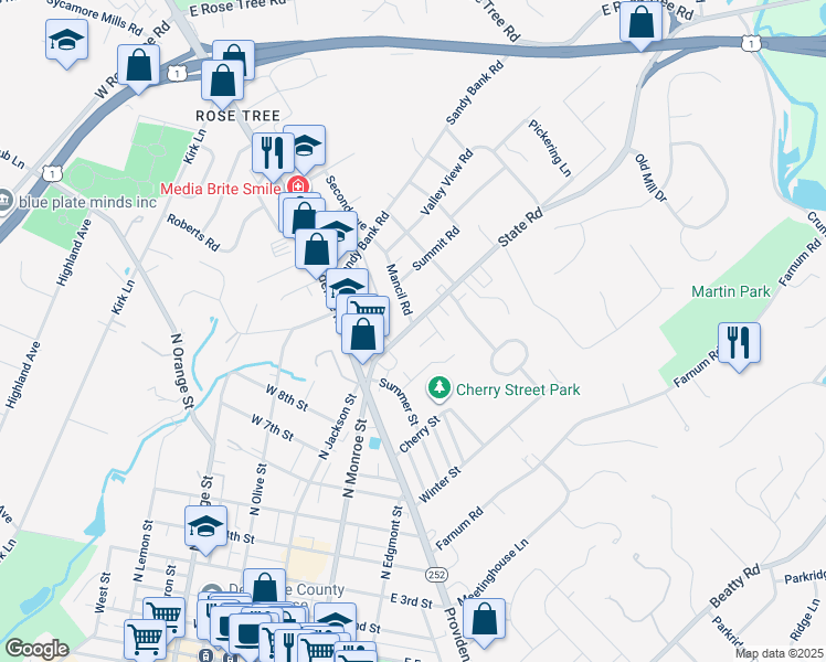 map of restaurants, bars, coffee shops, grocery stores, and more near 34 State Road in Media