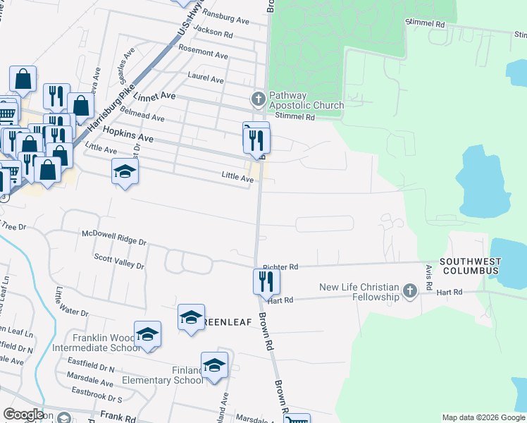 map of restaurants, bars, coffee shops, grocery stores, and more near 1371 Brown Road in Columbus