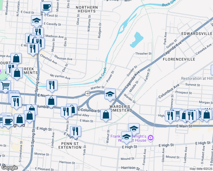 map of restaurants, bars, coffee shops, grocery stores, and more near 351-551 Power St in Springfield