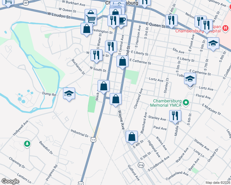 map of restaurants, bars, coffee shops, grocery stores, and more near 131 East McKinley Street in Chambersburg