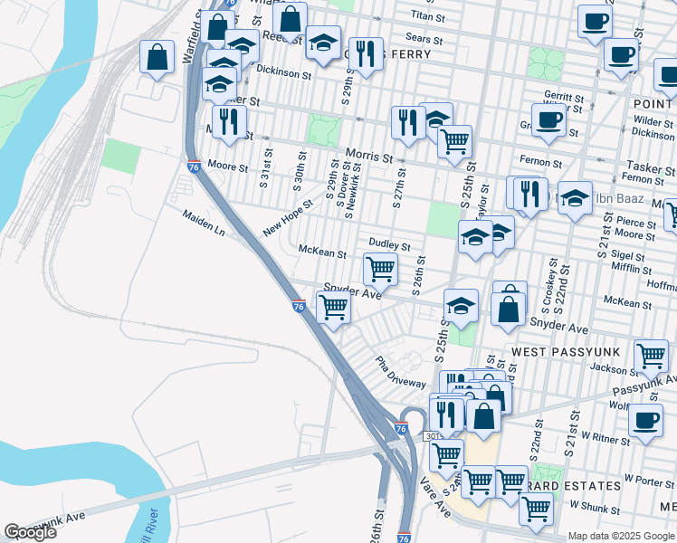 map of restaurants, bars, coffee shops, grocery stores, and more near 2023 South Newkirk Street in Philadelphia