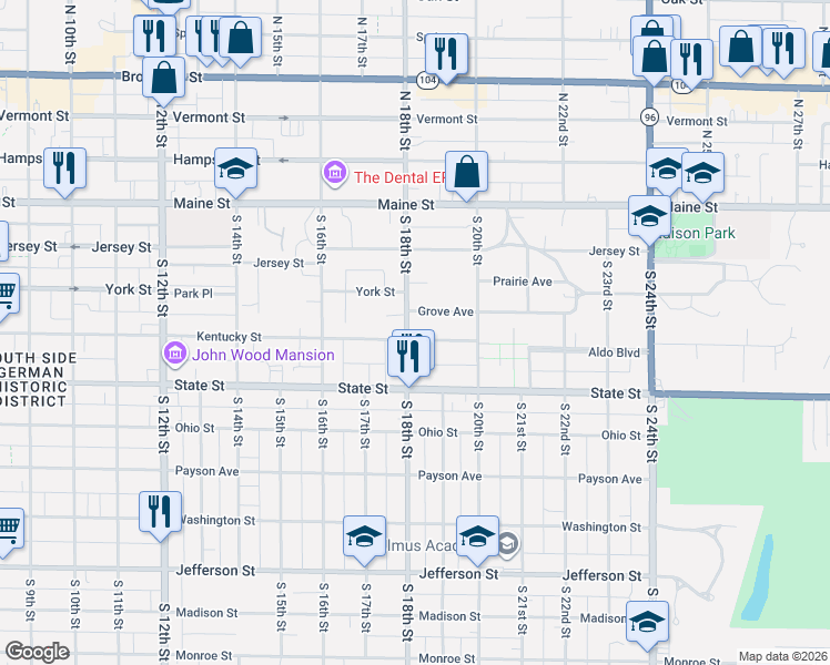 map of restaurants, bars, coffee shops, grocery stores, and more near 1810 Grove Avenue in Quincy