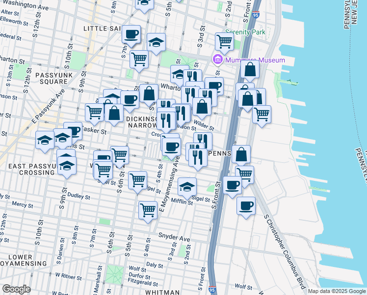 map of restaurants, bars, coffee shops, grocery stores, and more near 1601 East Moyamensing Avenue in Philadelphia