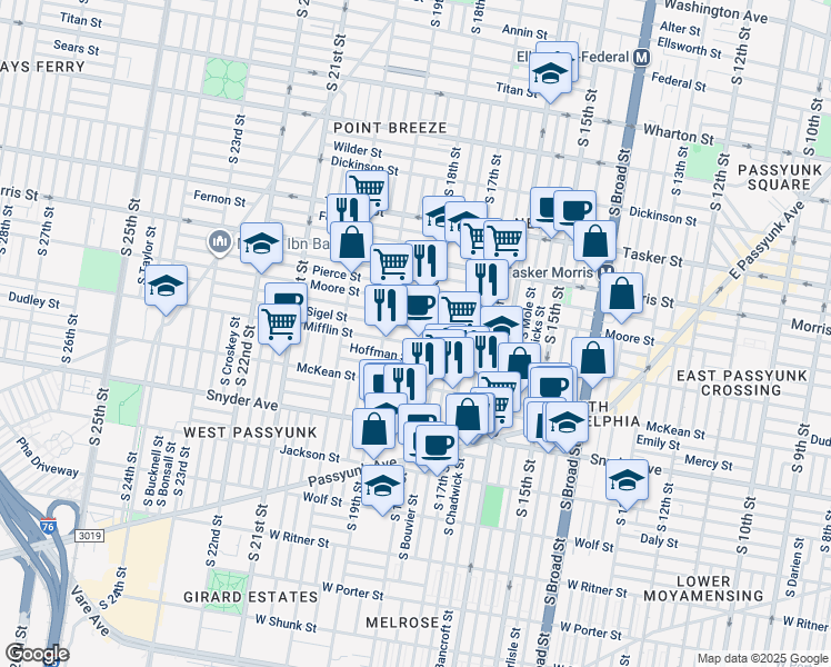 map of restaurants, bars, coffee shops, grocery stores, and more near 1810 Sigel Street in Philadelphia
