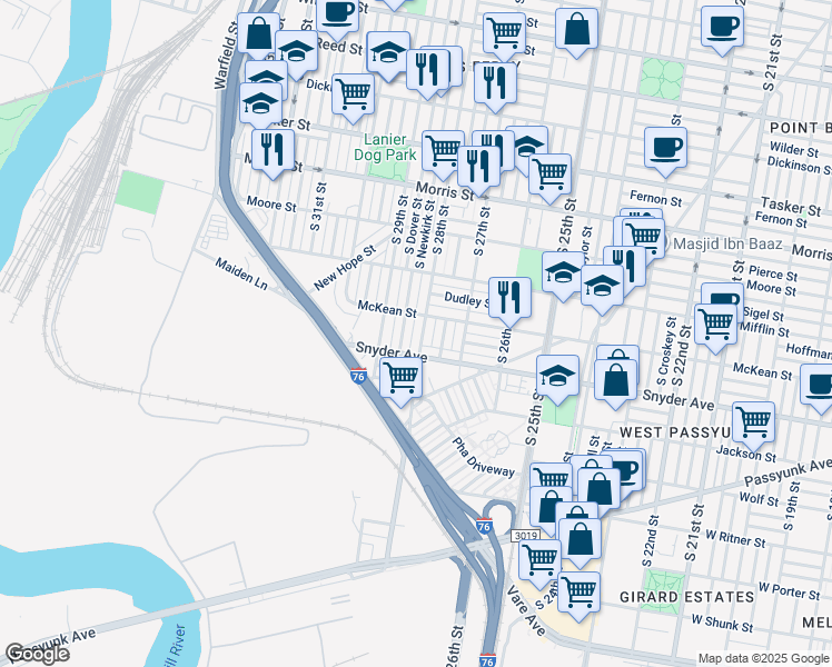 map of restaurants, bars, coffee shops, grocery stores, and more near 2020 South 28th Street in Philadelphia