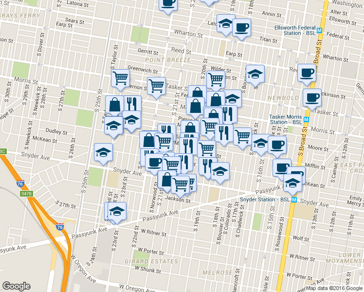 map of restaurants, bars, coffee shops, grocery stores, and more near 2014 Mifflin Street in Philadelphia